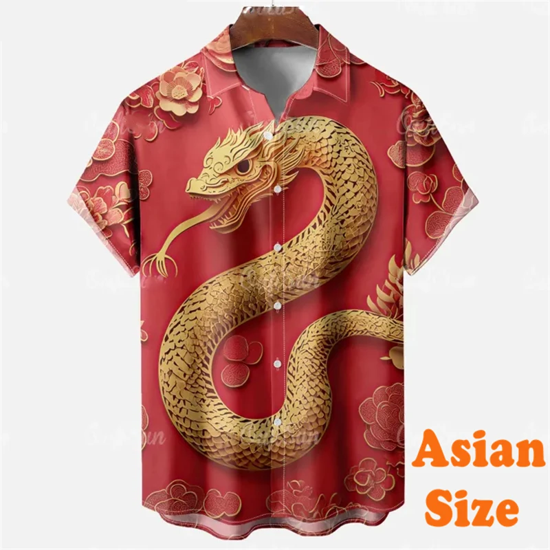 Snake Year Theme Print Shirt For Men Lucky Red Graphic Button Short Sleeve Shirts Personality Fashion 2025 New Men's Blouse Top