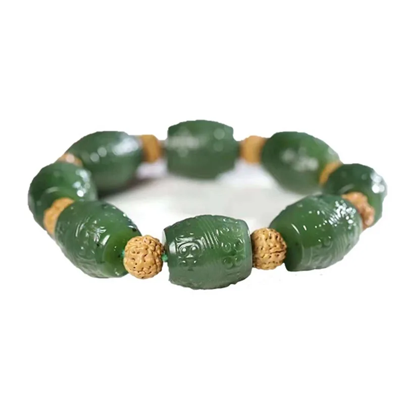 Natural Hetian Russian Material Old Jade Spinach Green With Slightly Black Spots Ruyi Bead Bracelet