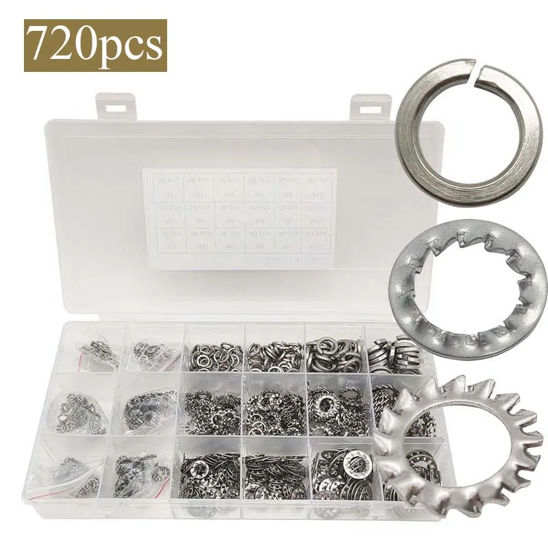 

720pcs/Set 304Stainless Steel Lock, Spring & Star Washer Assort, silver External Tooth Lock Star Washer