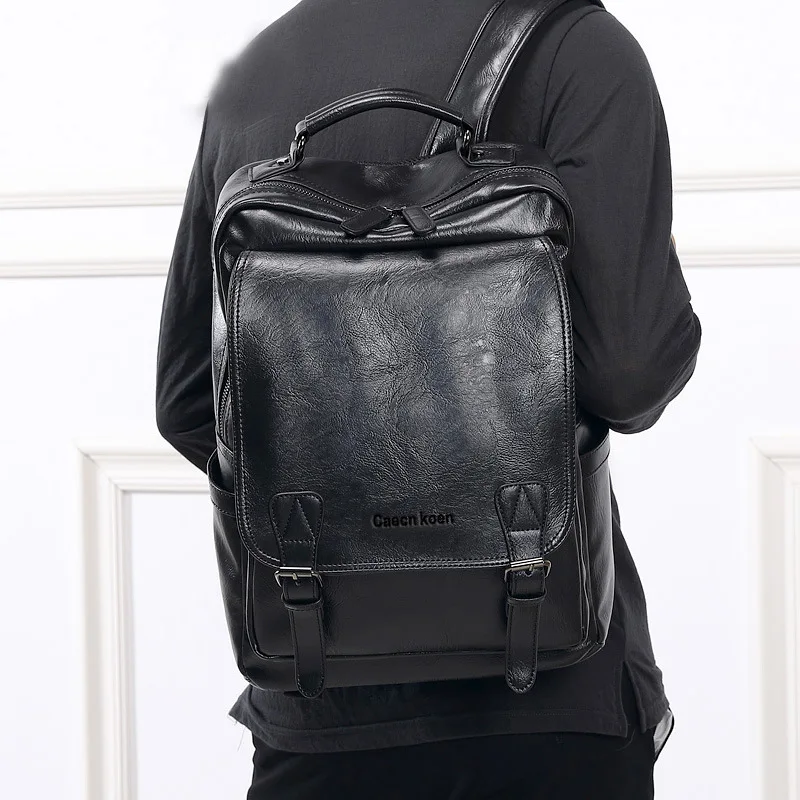 Fashion Flap Backpack Men Large Capacity 15.6 Inch Laptop Backpacks For Men Soft PU Leather Travel Backpack Student Schoolbag