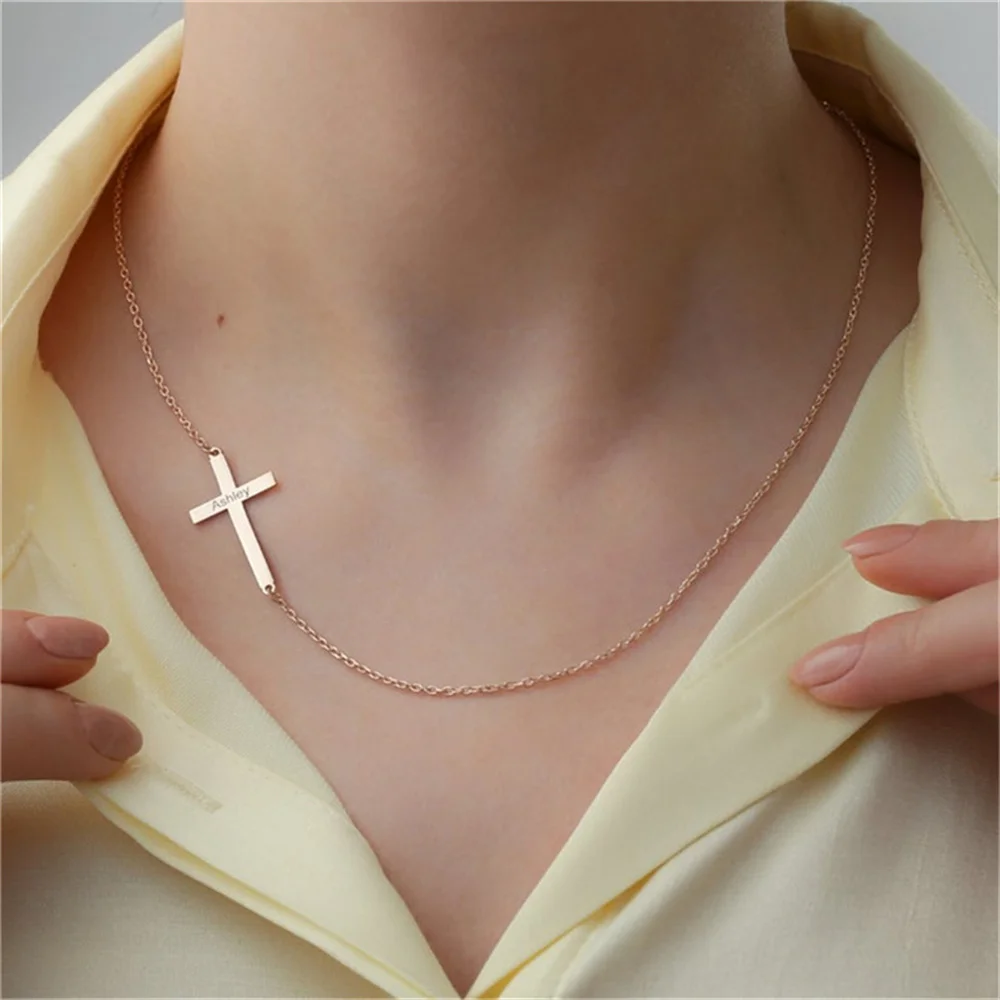 Custom Engraved Name Christian Jesus Cross Necklace For Women Men Stainless Steel Gold Chain Choker Jewelry Prayer Baptism Gifts