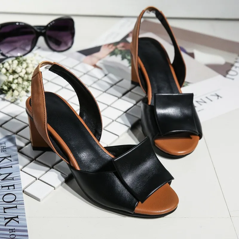 2022 summer new European and American thousand leather low top high thick heel fish mouth slingback ladies sandals