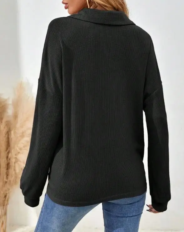 

Autumn 2025 Waffle Fabric Lapel Button Solid Color Long Sleeved Shirt Casual Loose Simple Commuting Style Long Sleeved T-Shirt