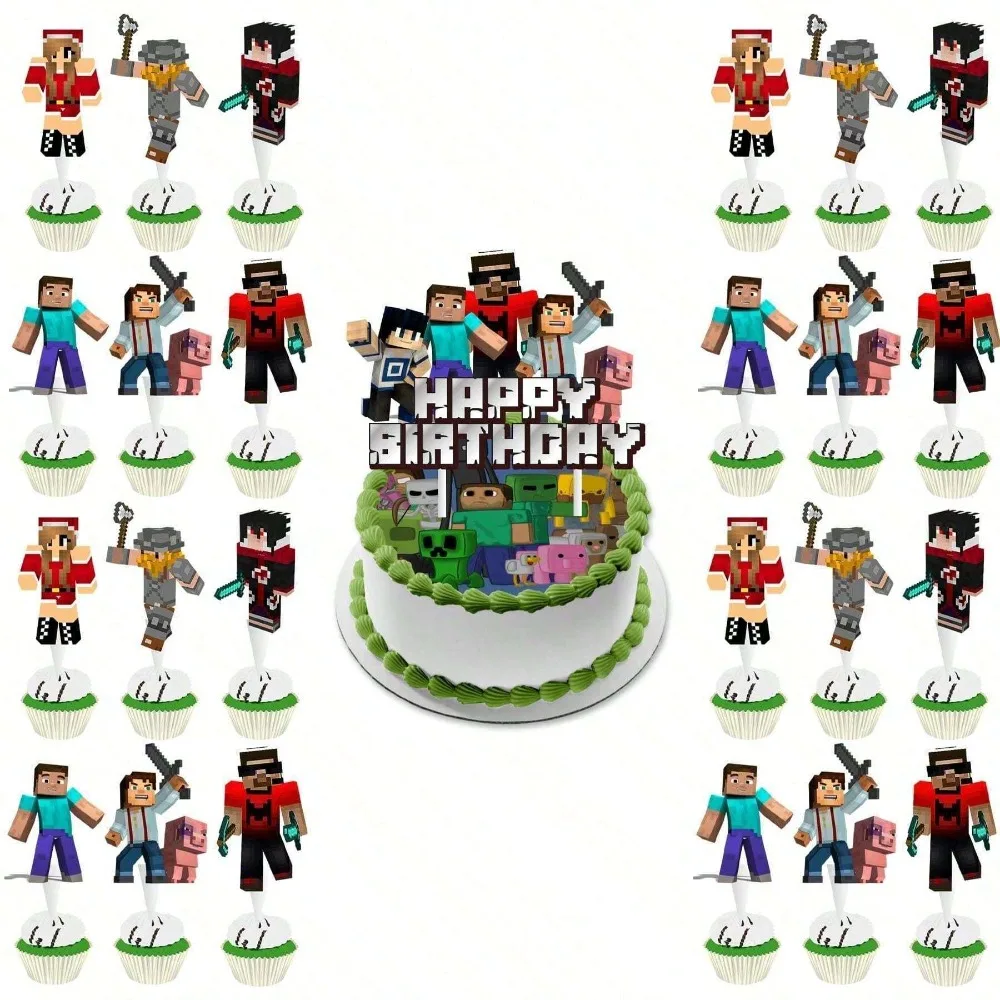 25Pcs Minecraft Cake Topper Set Pixel Game Kids Boys Happy Birthday Cake Decor Cupcake Toppers Gamer Party Photo Prop Supplies