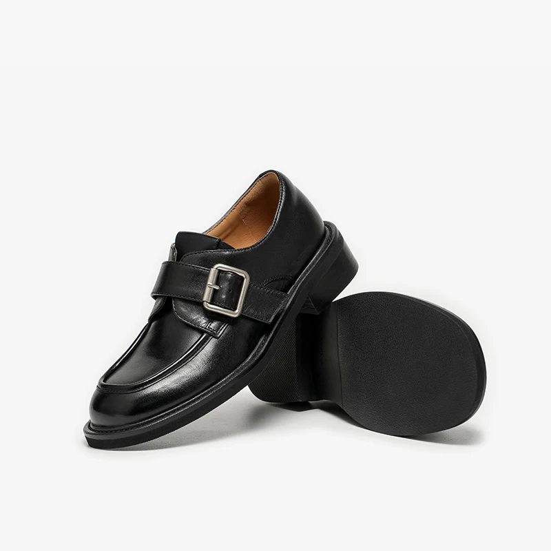 BeauToday Leather Monk Shoes Women Calfskin Buckle Strap Round Toe Sewing Design Casual Ladies Flats Handmade 27940