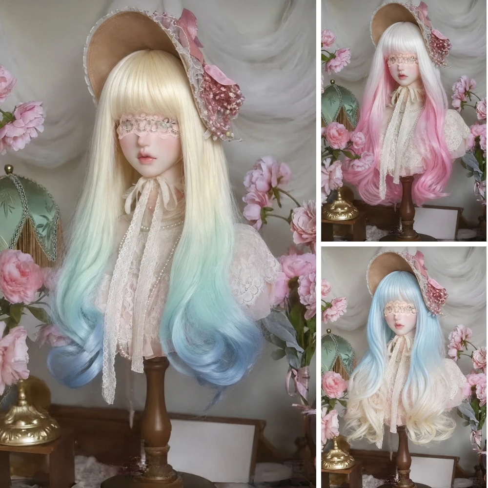 BJD Doll Wig 3/4/6 Points Dyed Gradient Flat Bangs Long Curly Hair Cute Wool Roll Baby Dressing Prop Soft Silk Fake Hair Cover