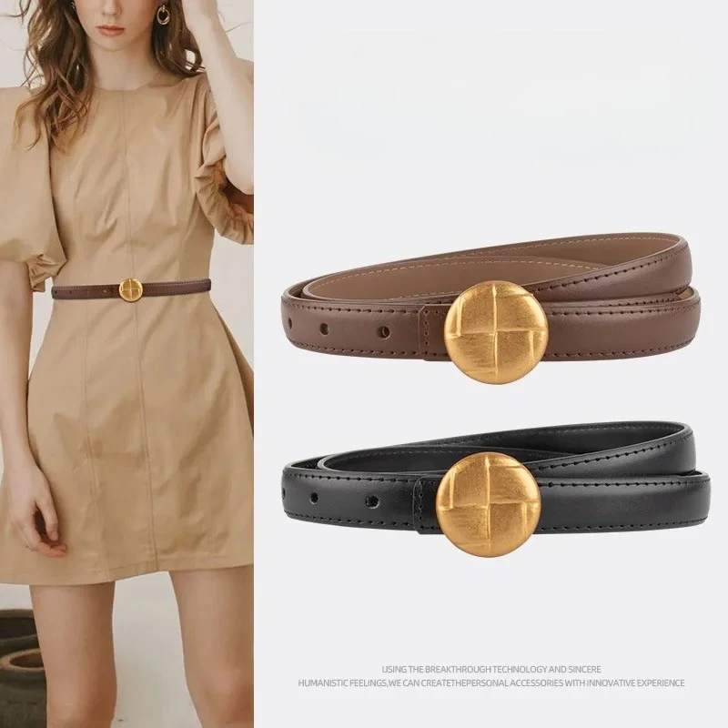 

Gold Metal Round Buckle Women's Belt Luxury Designer Versatile Jeans Accessories Girdle Gothic Retro Cowhide Y2k Girls Waistband