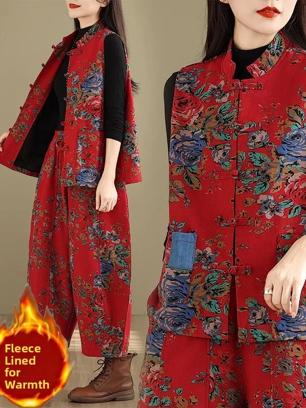 เสื้อกั๊กผู้หญิง Thiened Fce ทรงหลวม สไตล์วินเทจ ลายพิมพ์ชาติพันธุ์ สีแดง เสื้อคลุมตัวนอก ความยาวปกติ ติดกระดุมเม็ดเดียว