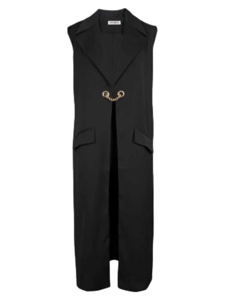 Freeacyสีดําเสื้อกั๊กOuterwearsสําหรับผู้หญิงLapel Deep Vคอยาวพิเศษเสื้อ 2025 ฤดูใบไม้ผลิและฤดูร้อนแฟชั่นเสื้อ