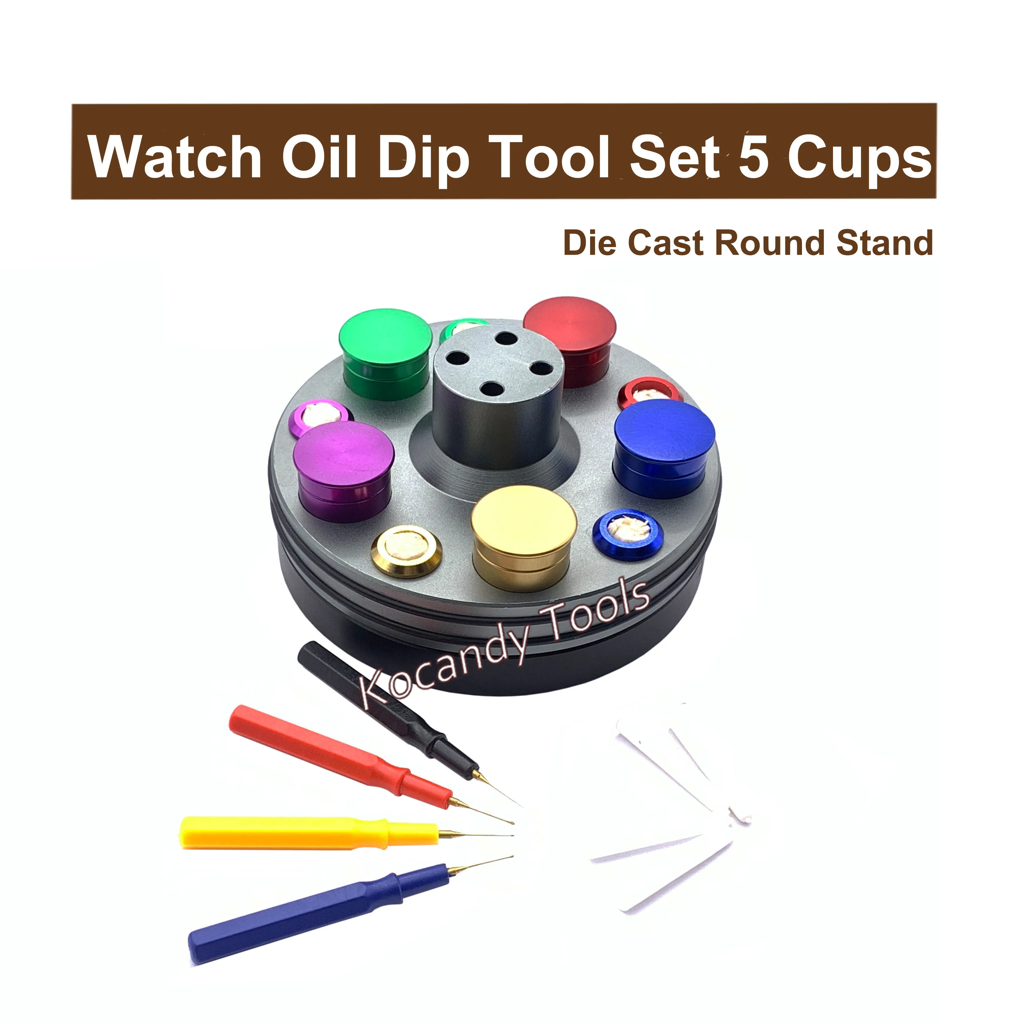 Professional Watch Oil Dip Tool Set Rotatable Die Cast Stand Base 5 Oil Cups For Watch Repairing