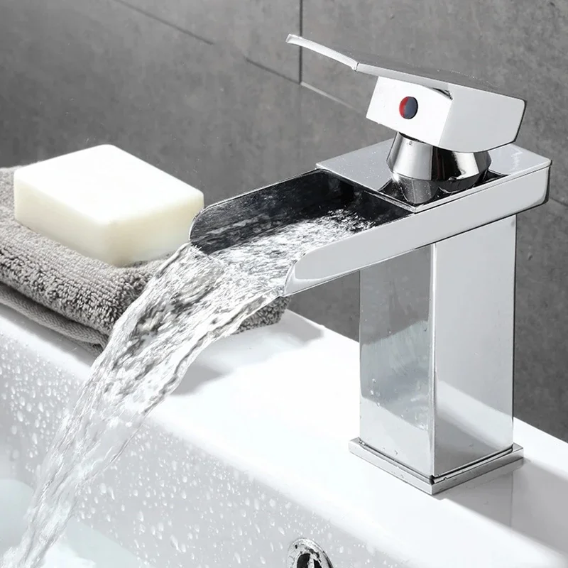 

Bathroom Waterfall Faucet Black Stainless Steel Single Handle Basin Faucet Chrome Cold Hot Water Crane Sink Mixer Taps Torneira