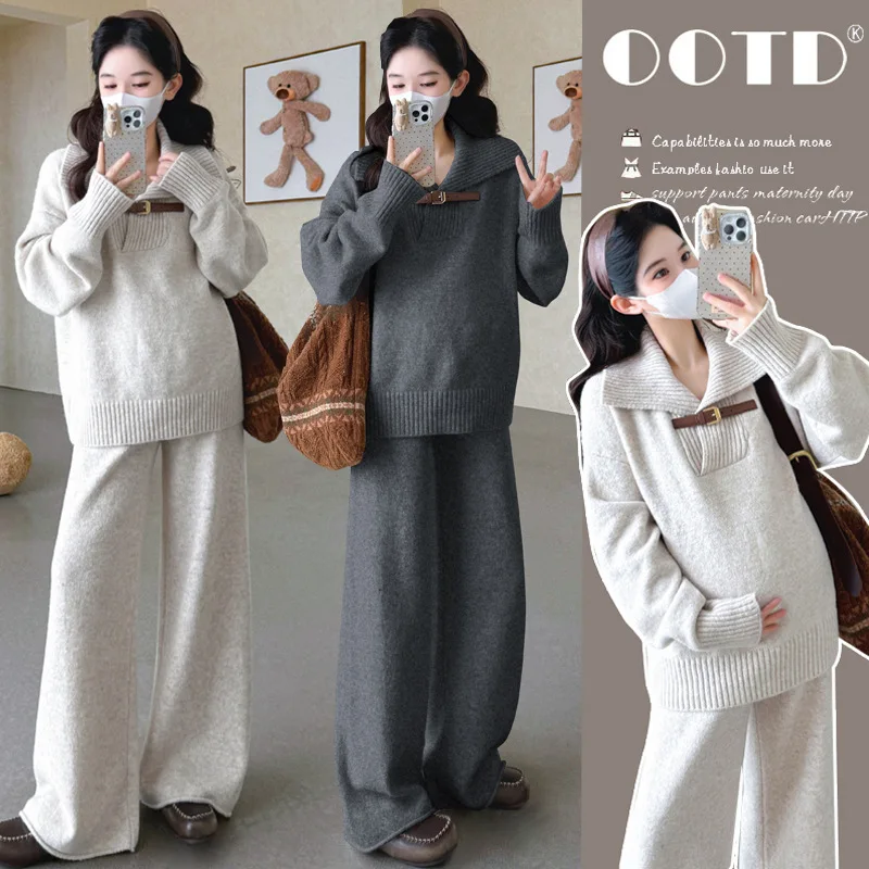 Maternity Suit Autumn Winter 2026 Loose Simple Casual Lazy Style Lapel Sweater And Wide Leg Pants Two Piece Set For Pregnancy