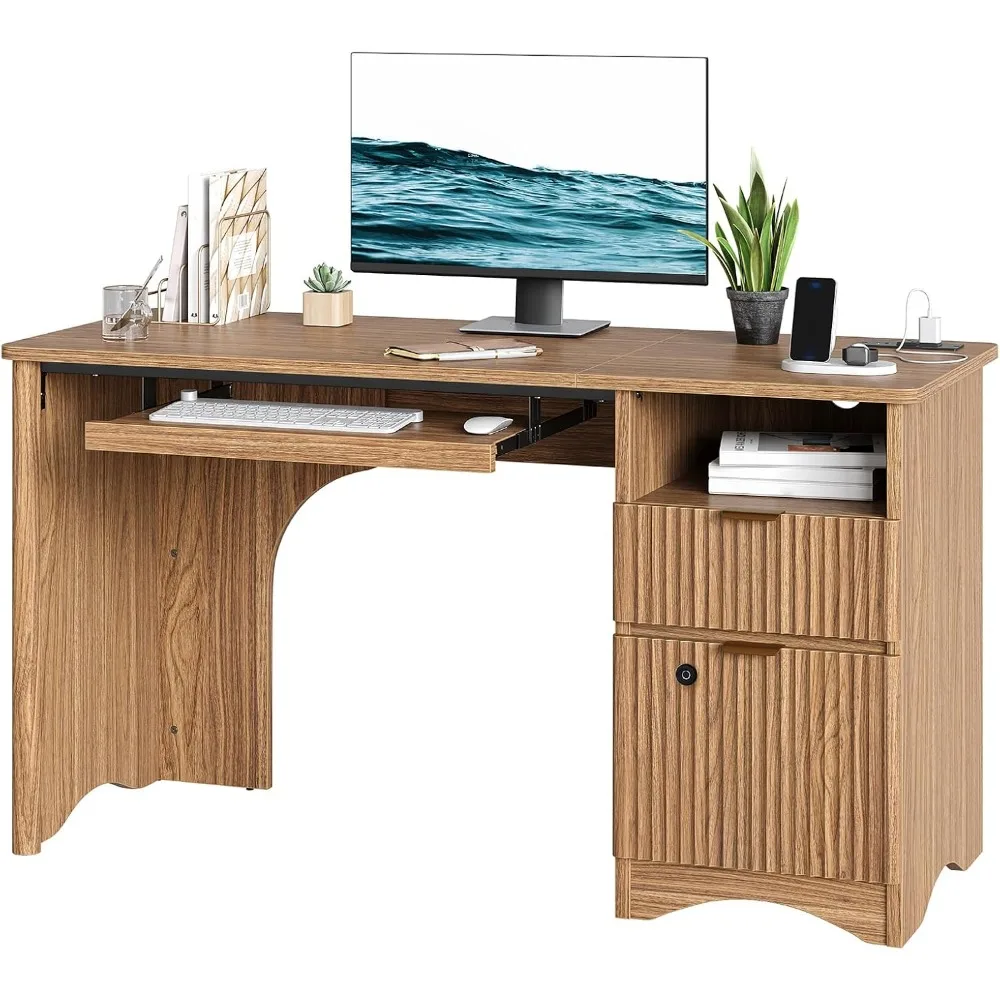 55" Office Desk with Locking File Drawer, Oak Finish, Easy Assembly, Fingerprint Lock, Durable Desktop
