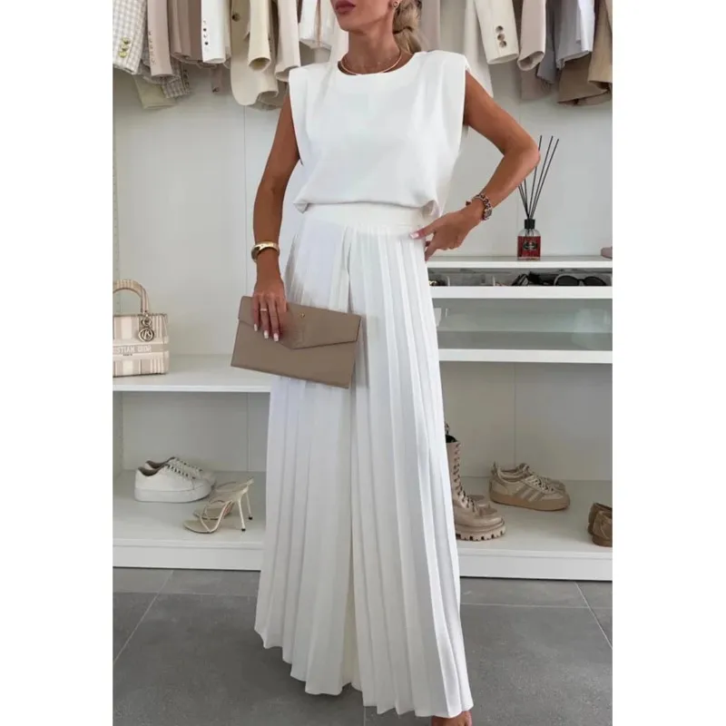

2025 Summer New Arrival Fashion Print Women's Set Short Sleeve T-Shirt Folds Wide Leg Pants Casual Two Piece Sets Outfit Women