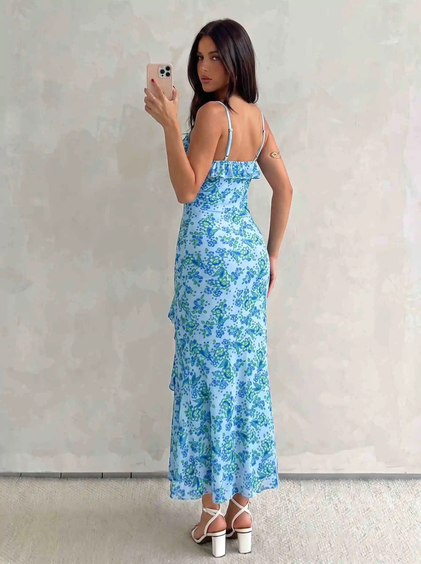 Damen Aquarell-Rosen-Print Cami-Kleid mit Rüschen, Chiffon-Midikleid, Spaghettiträger, fließendes Kleid für Urlaub, Strandparty, Ferien – Detail 16