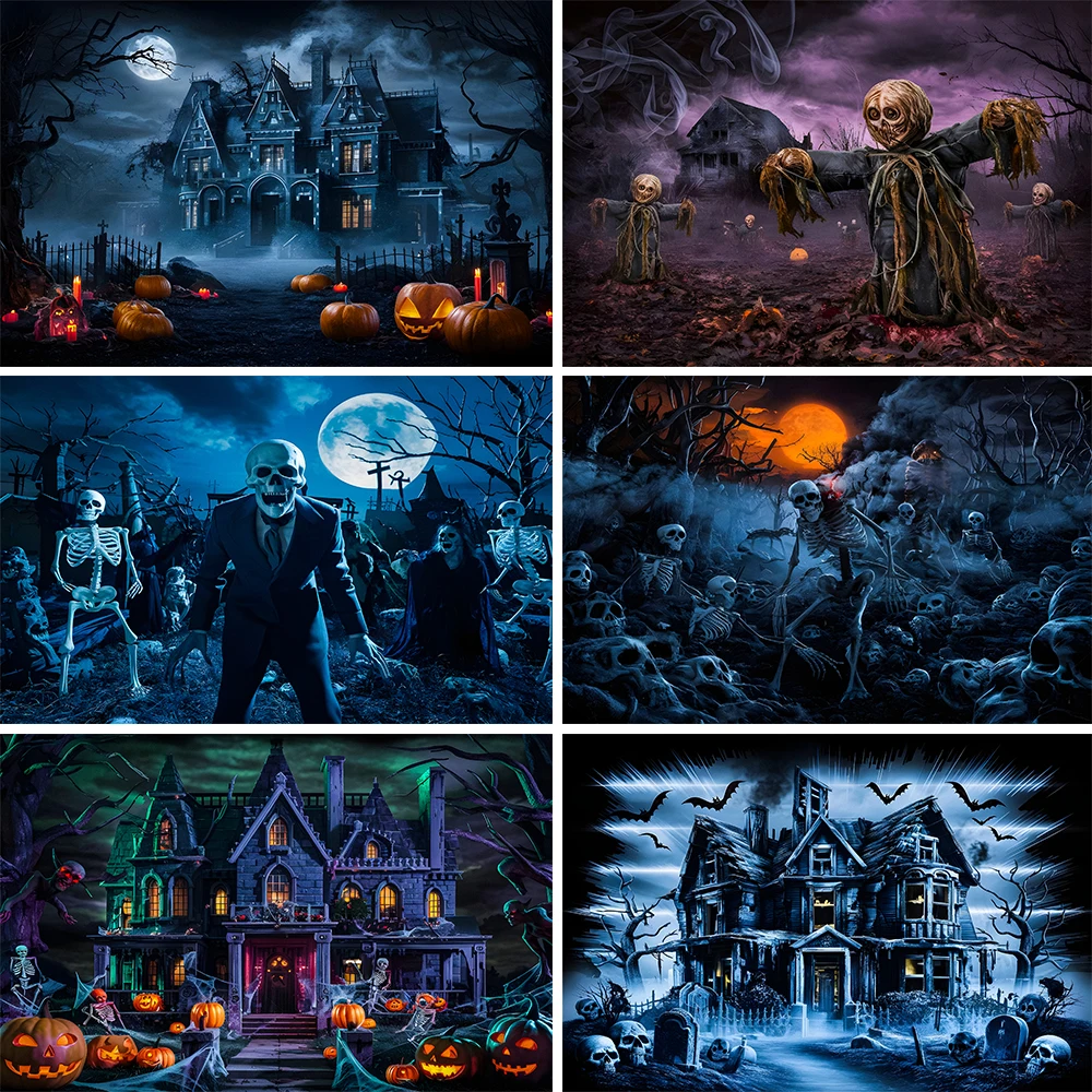 

Bonvvie Halloween Backdrop Photography Horror Night Moon Scary Forest Tree Misty Pumpkin All Saints' Day Party Photo Background