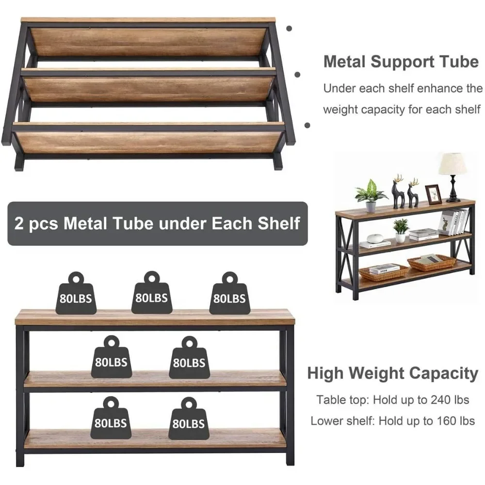 Industrial Console Table for Entryway, Wood Sofa Table, Rustic Hallway Tables with 3-Tier Shelves for Living Room