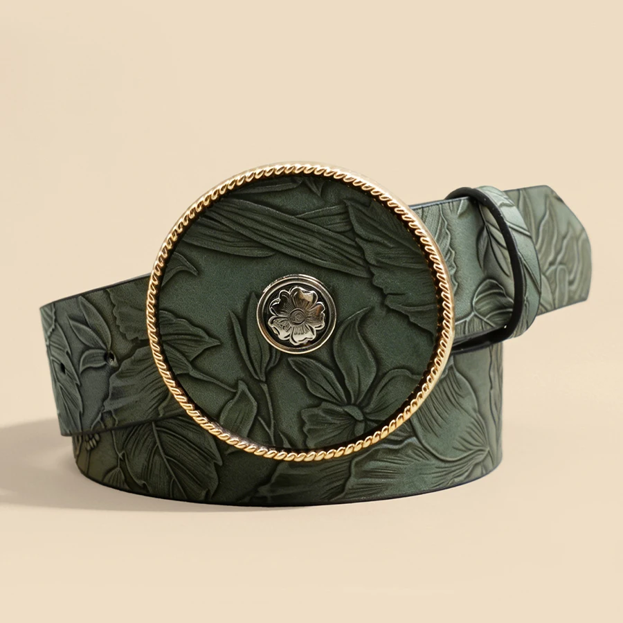 Vintage Green Embossed Belt Round Flower Buckle Unisex Waistband Retro Fashion Decorative Accessory