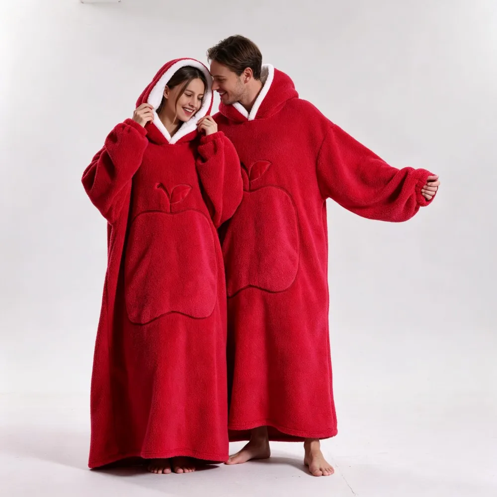 Extra Long Wearable Blankets Winter Flannel Hooded Blanket with Full Sleeves Men Women Cozy Soft Red Adult TV Blanket Pajamas