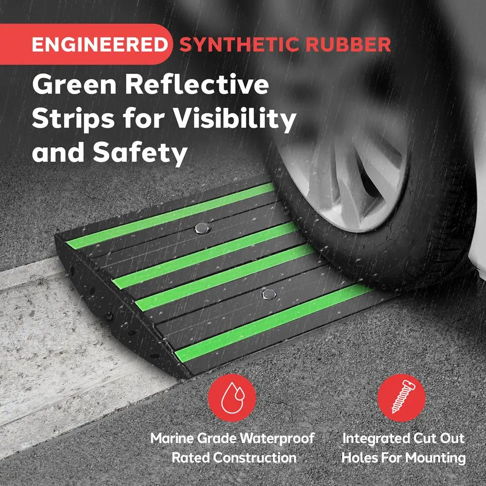 Pyle 2 Ft Rubber Curb Ramp - Non-Slip, Green Reflective, Waterproof for Driveways & Sidewalks