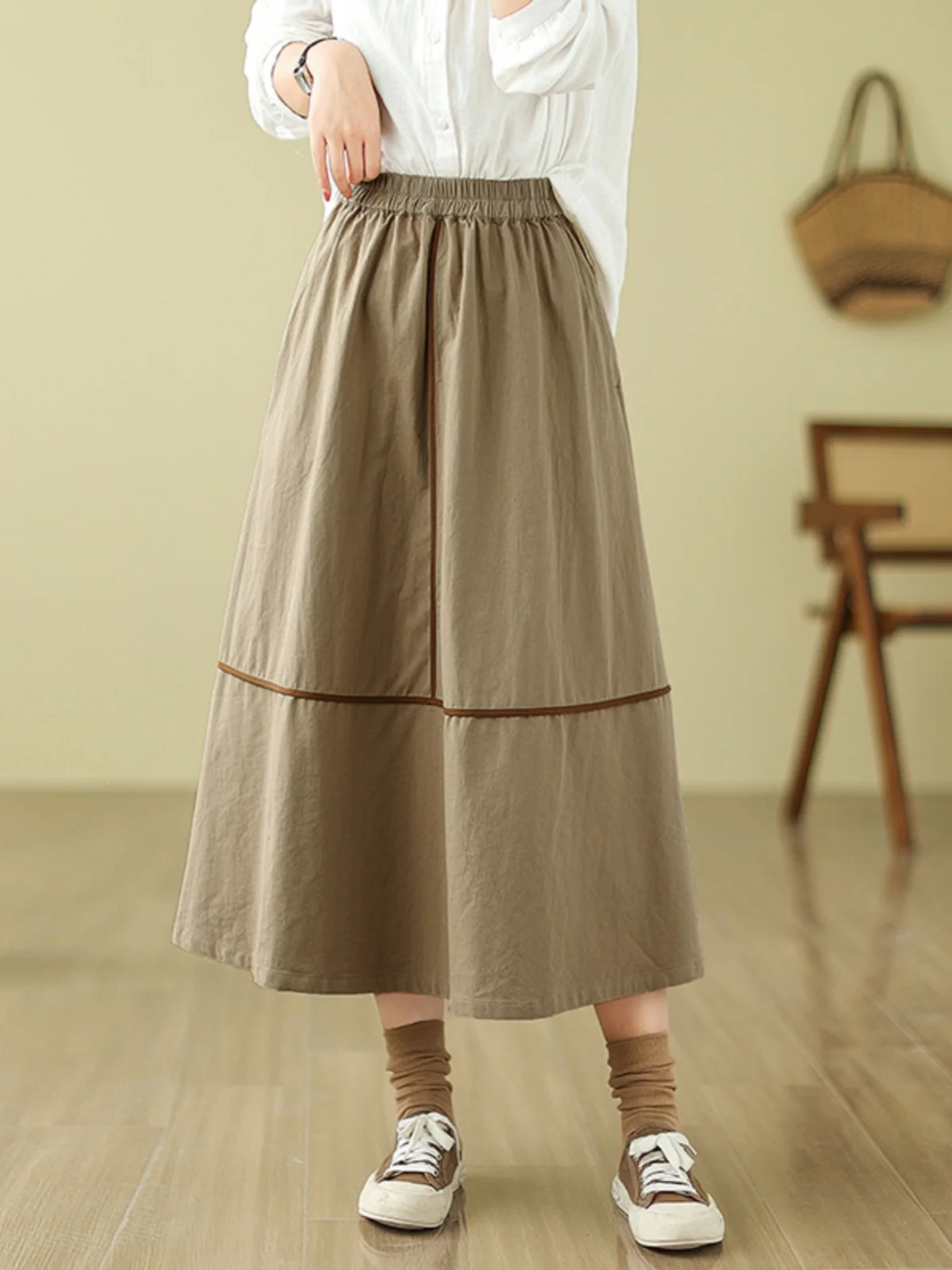 Kaki kleur puur katoen A-lijn rok dames retro kleur Blo elastische taille afslankende midi rok woon-werkverkeer Sle vrijetijdskleding