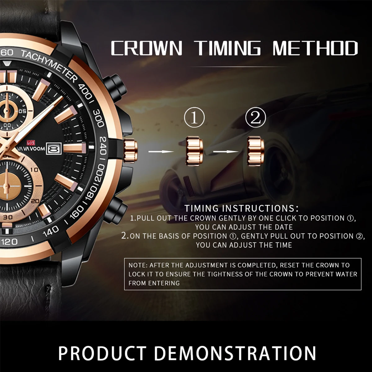 VA VOOM Mens Military Style Quartz Watch Fashion Rose Gold 46mm Large Dial Sports Leather Casual Mens Gift Watches Reloj Hombre