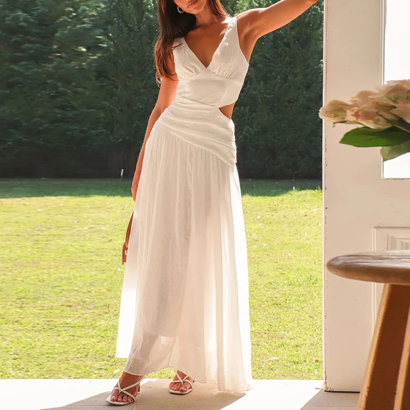 New Summer Casual Sleeveless Pleated Long Dress Fashion Lady V-neck Robe Dress Simple Solid Color Hollow Backless Women\'s Dress