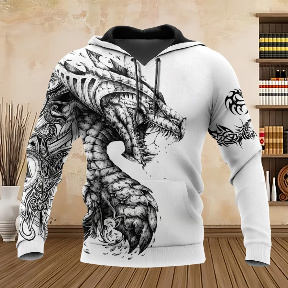 Oversized Tattoo Skeleton Cross Terror Red 3D Printed Men\'s Hoodie Sweatshirt Topscasual Tracksuits Raven Animal Men Clothing
