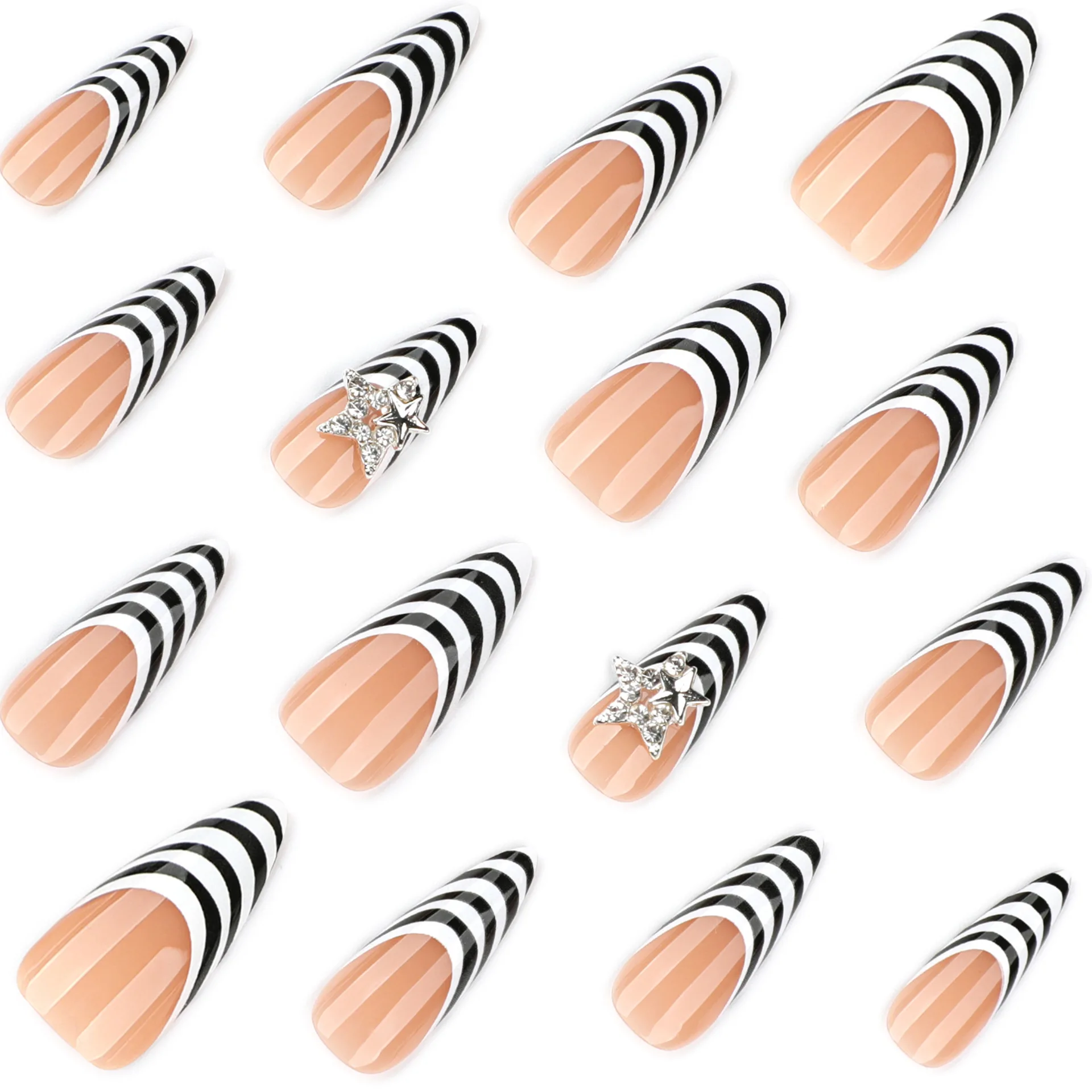 24 stuks zwart wit zebra strepen druk op nagels lange puntige Franse stijl pittige meisje kunstnagels Y2k metalen ster decor nep nagel