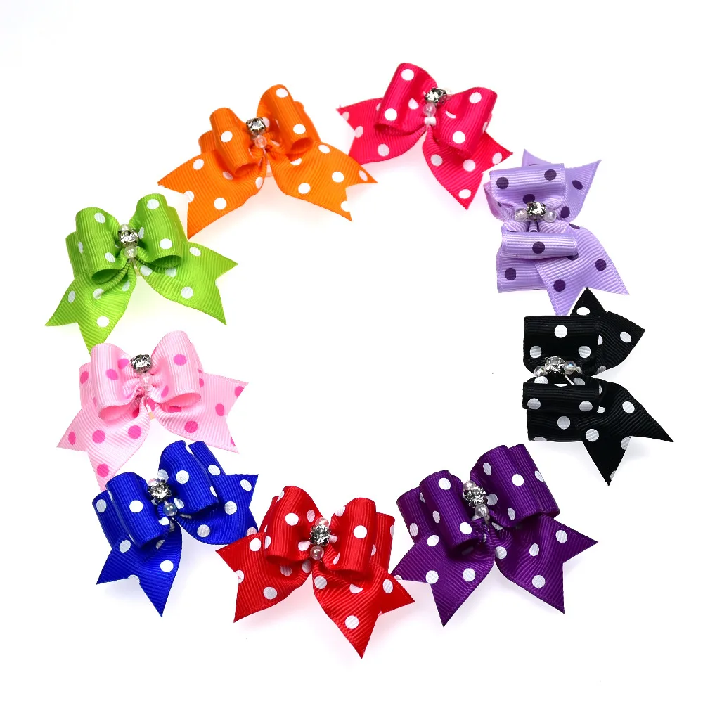 100pcs/lot in pairs Pet dog bows accessories dot style Diamond dog hair bows Rubber bands Pet Holiday Grooming products