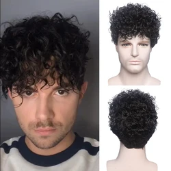 Men's Wigs Short Brown Synthetic Wig with Bangs Curly Fake Hair For Male Halloween Costume Cosplay Natural Wig