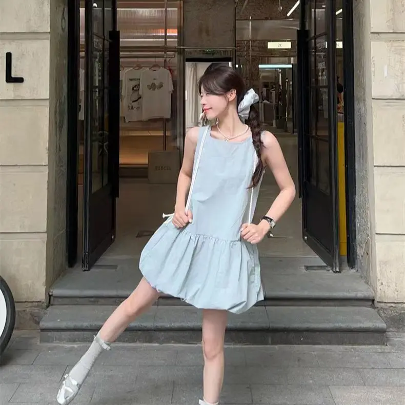 レディース シンプル 無地 韓国ファッション 2025 夏 ノースリーブ ラウンドネック ゆったり スリム ワンピース