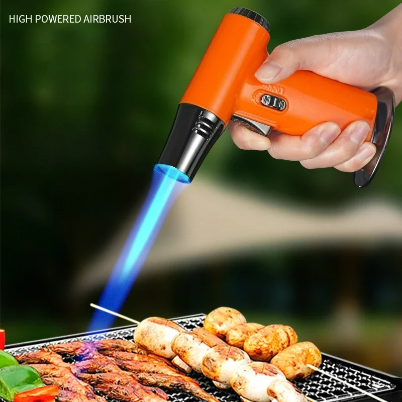 

Портативный пистолет-распылитель, ветрозащитная, синее пламя, бутановая газовая зажигалка, предохранительный переключатель, уличная кухонная зажигалка для барбекю