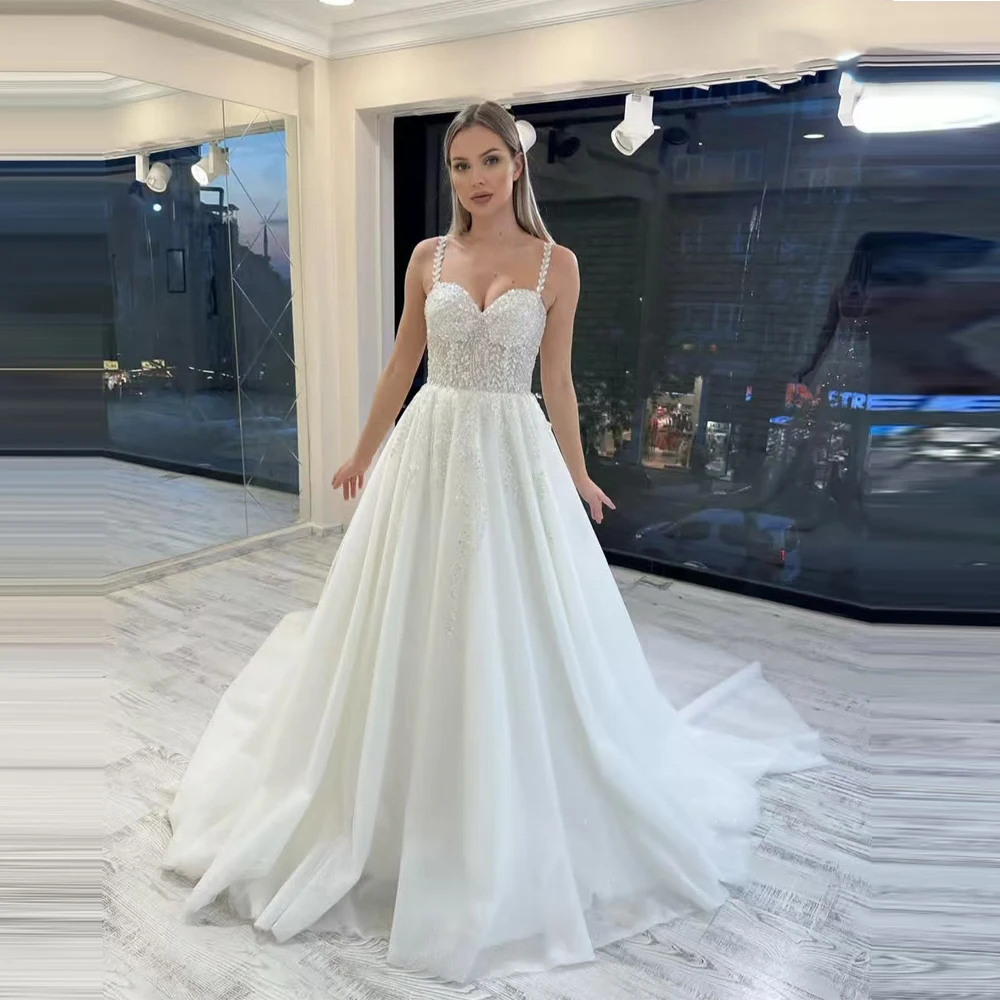 

Charming Women's Wedding Dresses Sweetheart Collar A-Line Lace Appliques Bridal Gowns Sleeveless Vestidos De Novias Customized