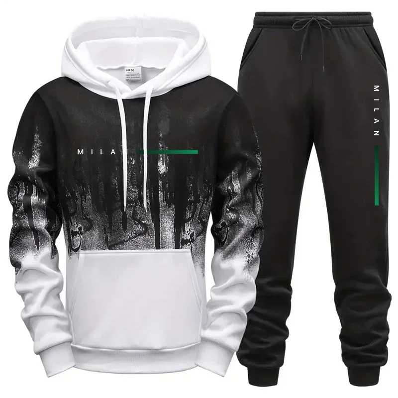 Nowy męski dres z nadrukiem w stylu splash-ink, bluza z kapturem, odzież męska do fitnessu, sportu, joggingu, pojedyncze elementy odzieżowe, topy, spodnie