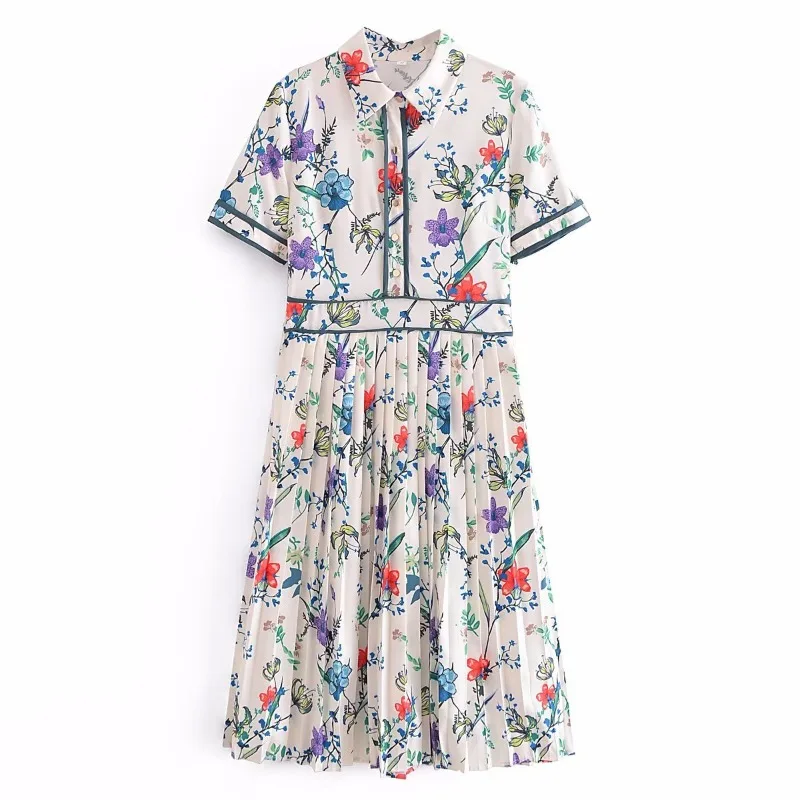 

New Pleated Printed Short-Sleeved Mid-Length Square-Neck Commuter Dress