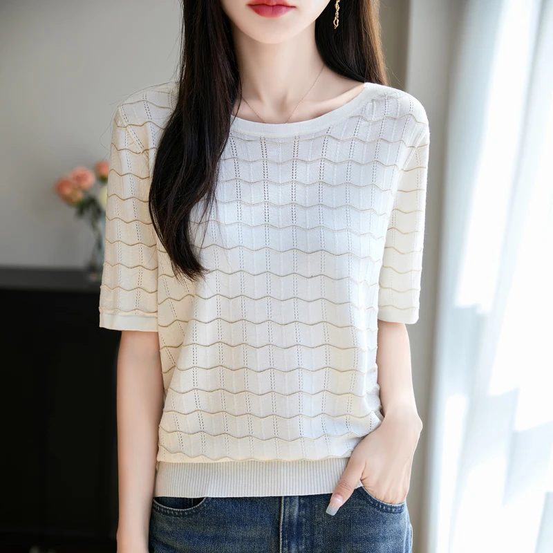 

Soft And Design Sense, Lacel Wave Hollow Short Sleeved Women's Summer Trend This Year, Half Sleeved Knitted Top