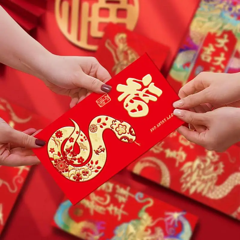 6Pcs Chinese Red Envelopes 2025 New Year Money Packing Bag Snake Stamping Emboss Hongbao Spring Festival Red Packets Decoration