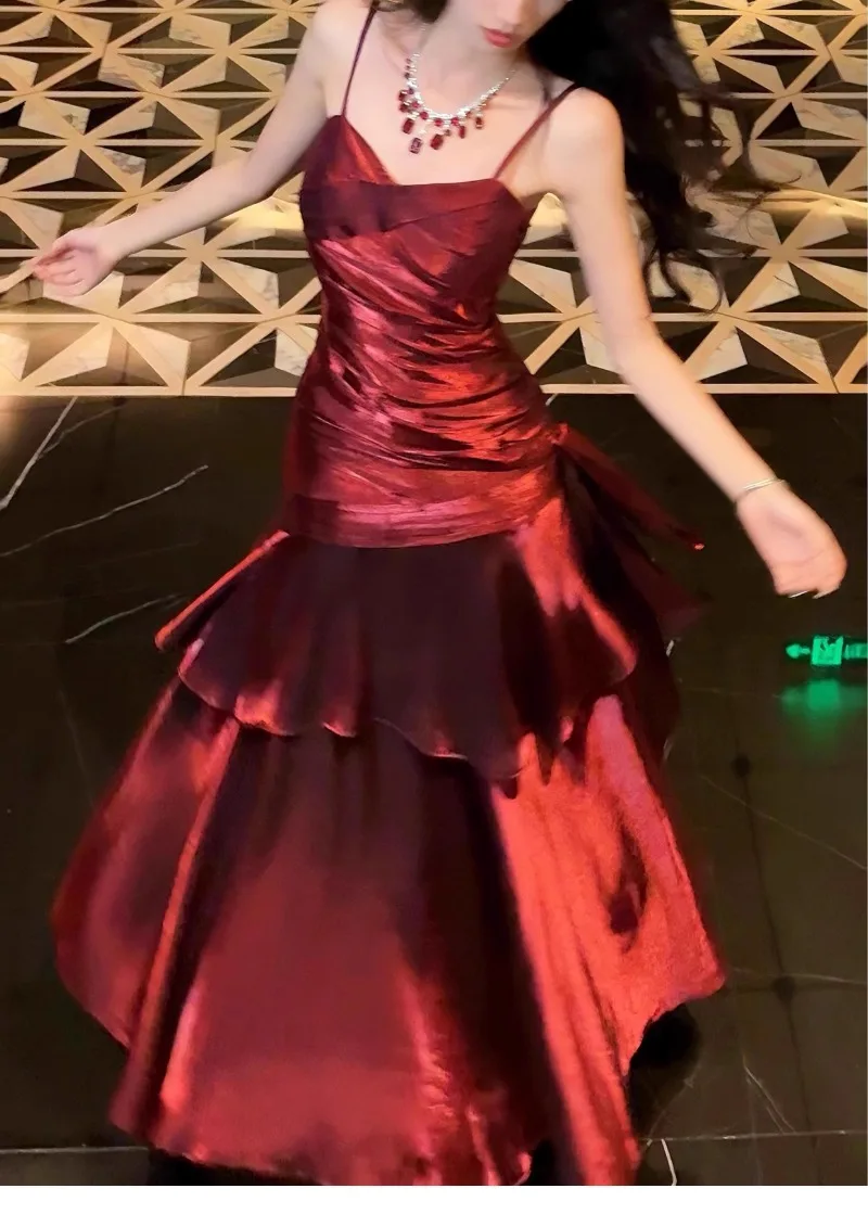 Vermelho em camadas babados vestido amarrado feminino elegante sem mangas roupas vintage senhora festa de férias streetwear chique vestidos bodycon