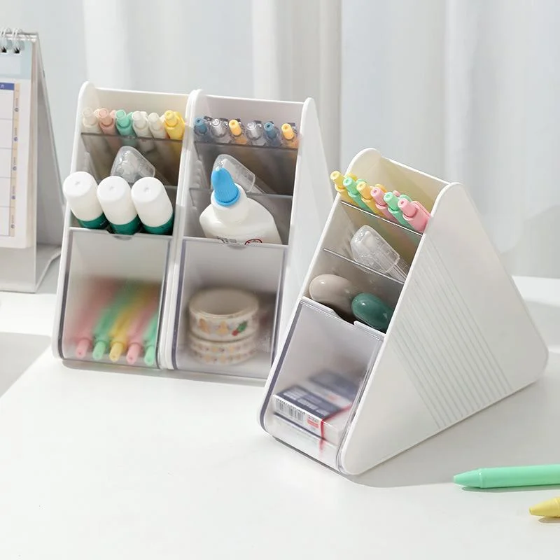 Plastic Slanted Pen Holder Multi Compartments Clear Slots Perfect For Home Office School Study Desk Use