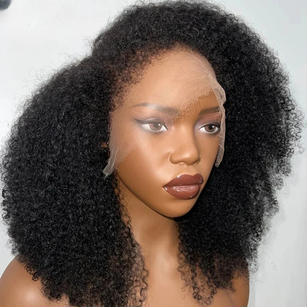 ソフトブラック-180-密度-26-インチロングキンキーカーリープレプラックレースフロントウィッグ女性用ナチュラルヘアライン合成ベビーヘアグルーレス