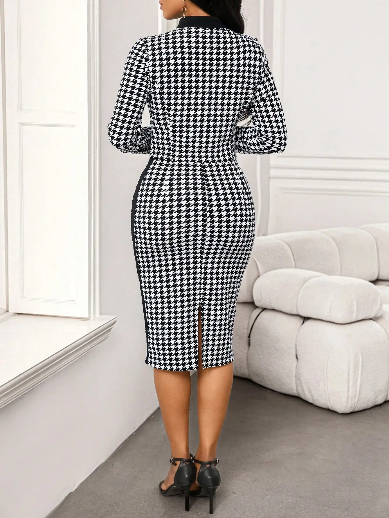 Damen Zweiteiler im Hahnentrittmuster: Kurze Jacke & Bleistiftkleid, Business Casual