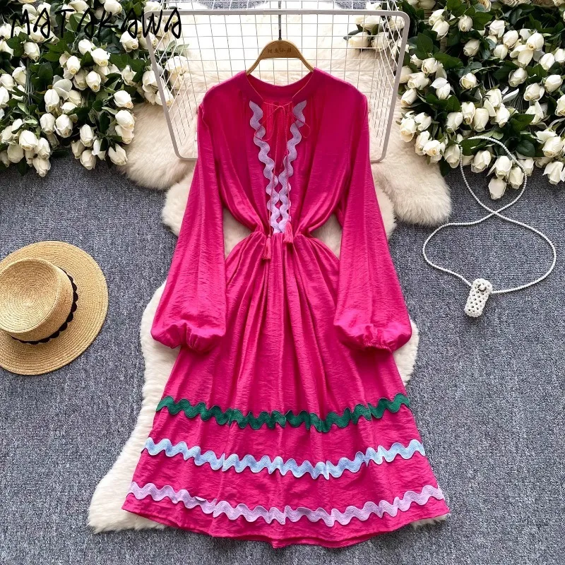 

Matakawa Women Dresses Lantern Sleeve A-line Spring Autumn Bohemian Long Dress Fashion Contrast Color Vintage Vestidos Mujer