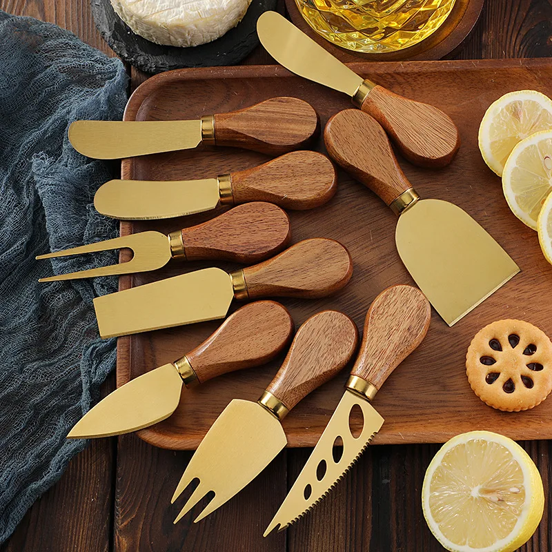 Käsemesser aus Edelstahl mit Holzgriff, Käseschneidemesser, Buttermesser, Pizzamesser, Käsegabel, Butter und Sahne