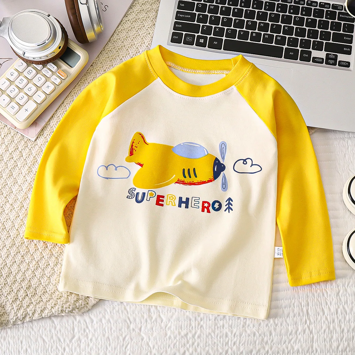 Kids Spring/Fall Long Sleeve Plane Kids T-shirt Boys Girls Top Fun Cartoon Print Cotton Clothing