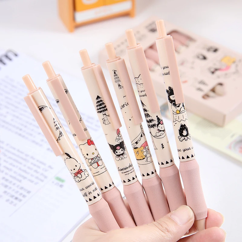 6 Stuks Sanrio Gel Pen Hello Kitty Kuromi Cartoon Sneldrogend Zwart 0.5Mm Druk Op De Balpen Leren Briefpapier Geschenken