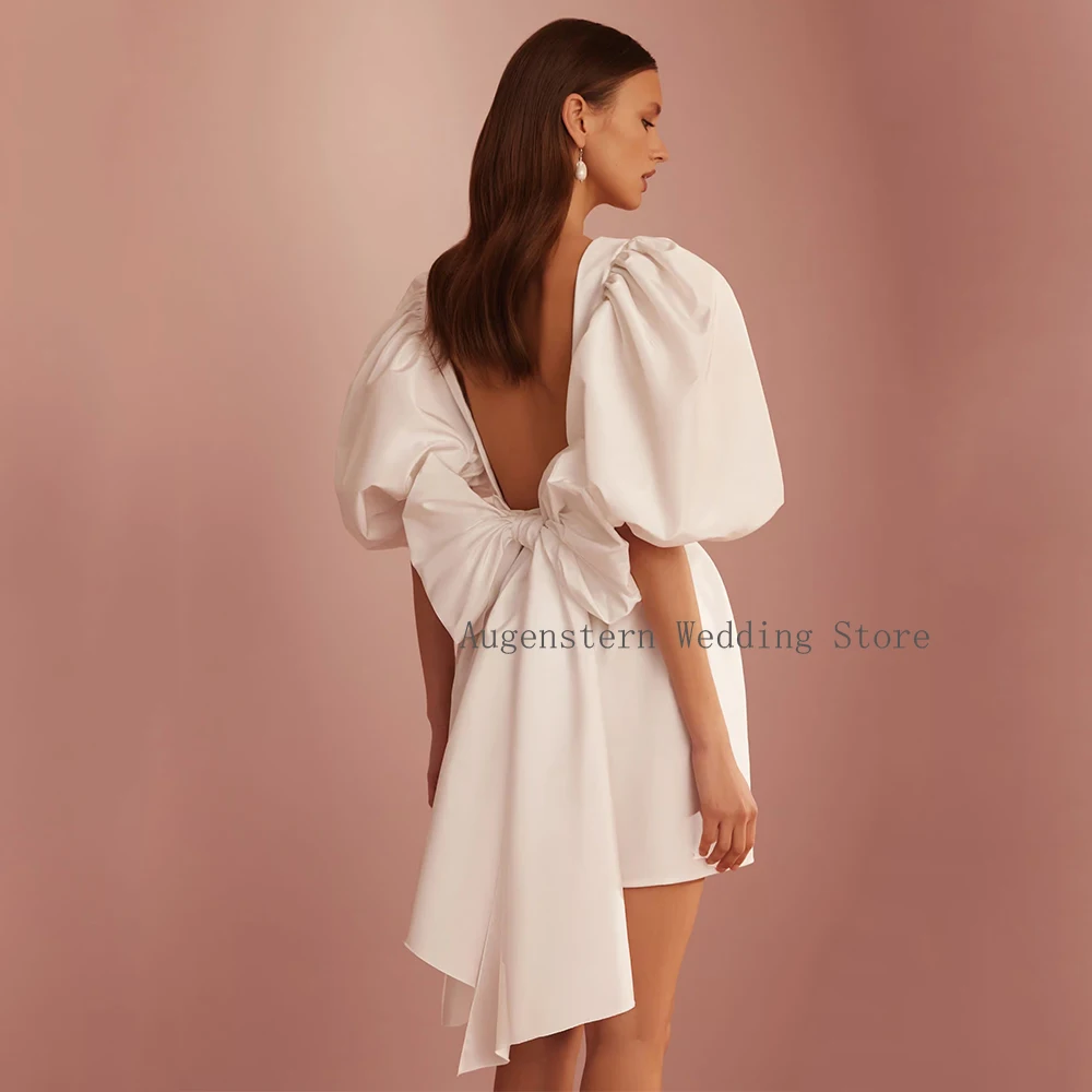 Customized Short Wedding Dress Puffy Sleeves Deep V Neck Backless Sexy Wedding Gowns Mini Bow Ivory Satin Bridal Dresses 2026