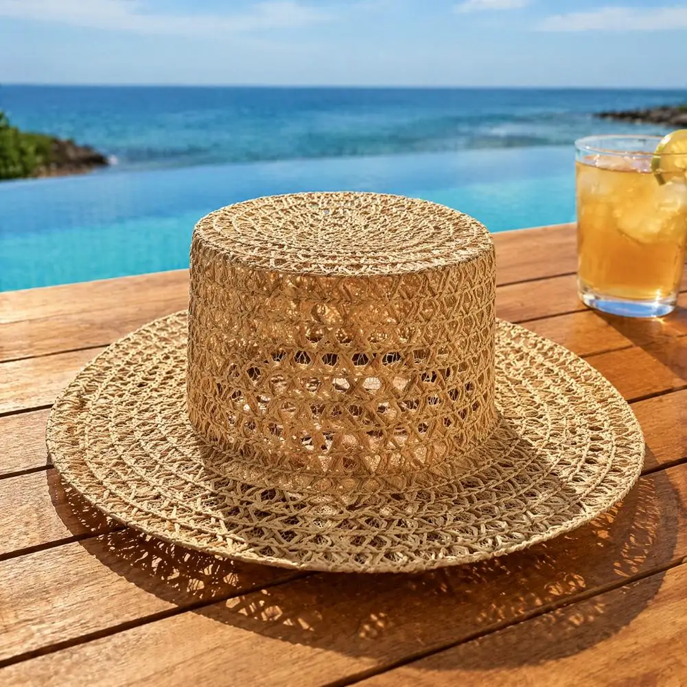 Retro British Style Fedora Women Straw Hat with Satin Ribbon Wide Brim Breathable Sun Hat Summer Beach Vacation Flat for Women