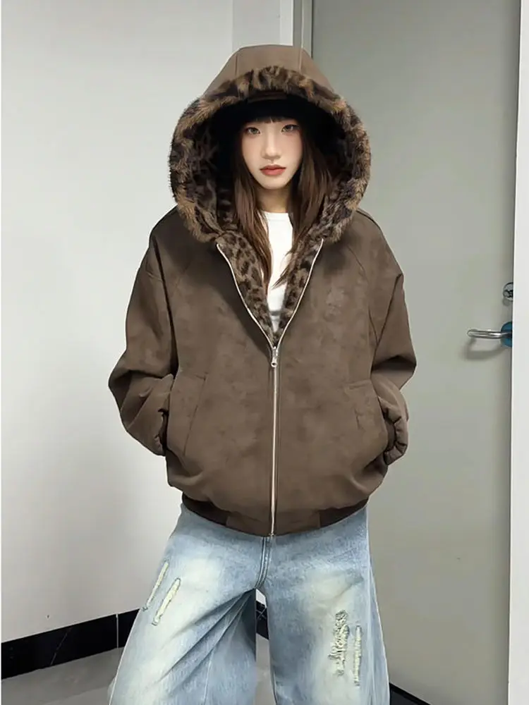 

Коричневая зимняя куртка из искусственной кожи с капюшоном для мужчин и женщин, двусторонняя, с леопардовым принтом, хлопковая, теплая, модная