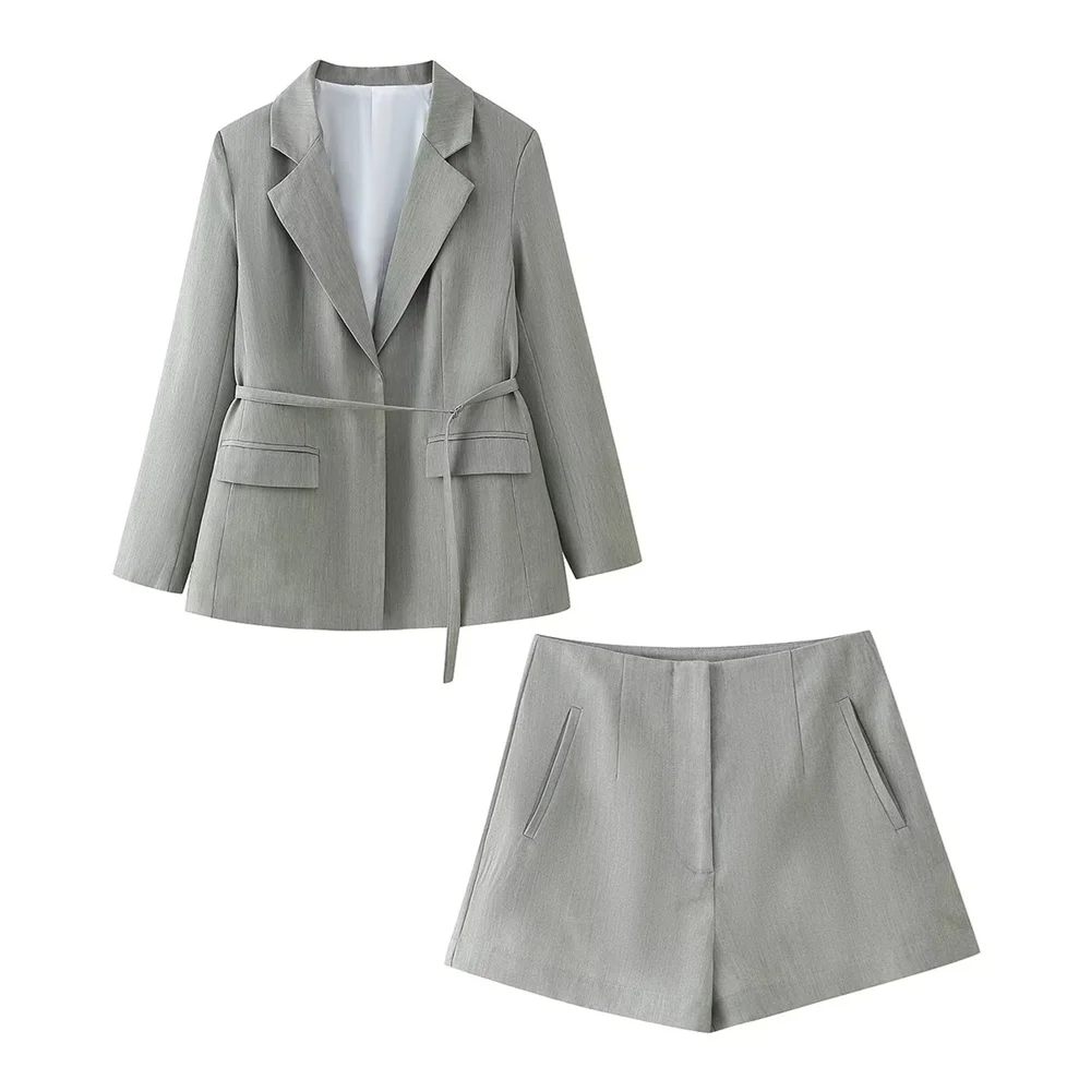 PB&ZA 2024 Spring New Women\'s Fashion and Elegance Commuting Versatile Thin Belt Suit Coat High Waist Casual Shorts Set